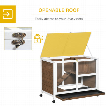 PawHut Fir Wood Rabbit Hutch Indoor Home with a Living Room for Sleeping Run Area