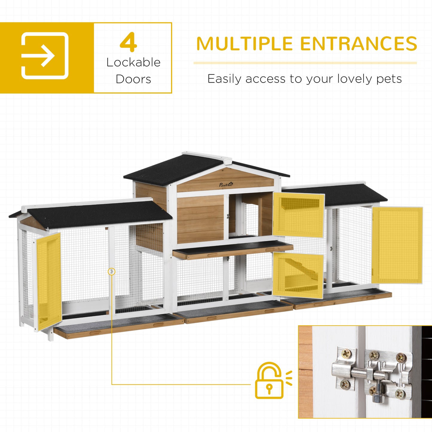 PawHut 90.5" Wooden Rabbit Hutch Bunny Cage Pet Playpen House Enclosure with Double Side Run Boxes, No Leak Tray, Ramp, for Rabbits, Chickens, Ducks, Guinea Pig and Small Animals, White