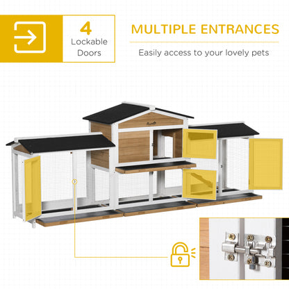 PawHut 90.5" Wooden Rabbit Hutch Bunny Cage Pet Playpen House Enclosure with Double Side Run Boxes, No Leak Tray, Ramp, for Rabbits, Chickens, Ducks, Guinea Pig and Small Animals, White