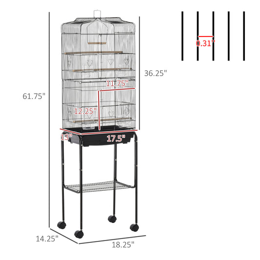 PawHut 60" Metal Indoor Bird Cage Starter Kit with Detachable Rolling Stand, Storage Basket, and Accessories, Black