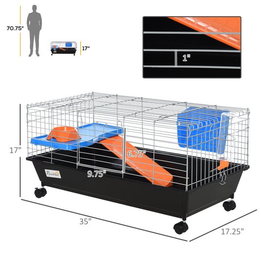 PawHut 35"L Small Animal Cage with Food Dish, Water Bottle, Hay Feeder, Platform, Ramp for Chinchilla, Black