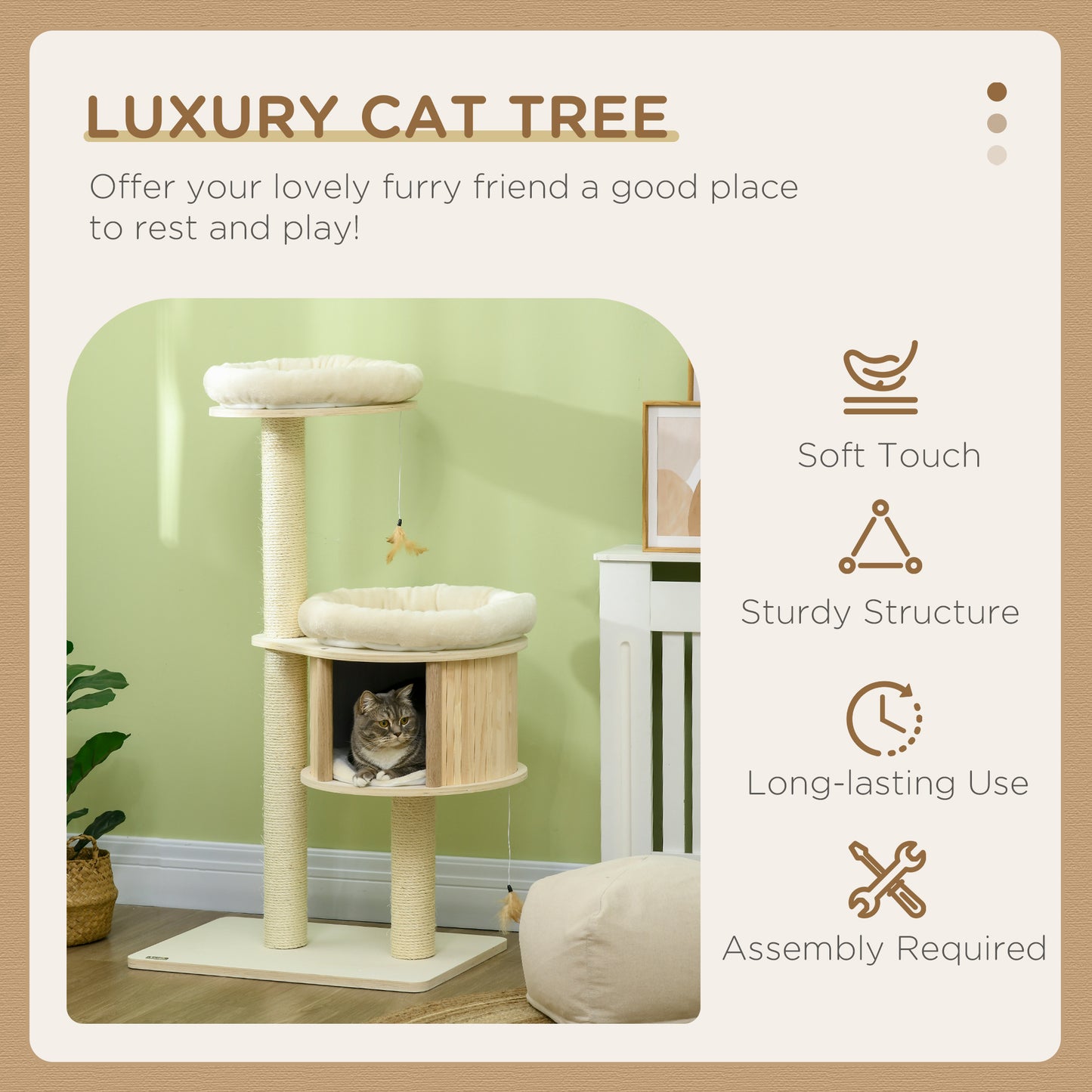 PawHut Cat Tree, 3 Level Cat Tower with Scratching Posts, Bed, Condo, Badminton Toys, for Multiple Kittens