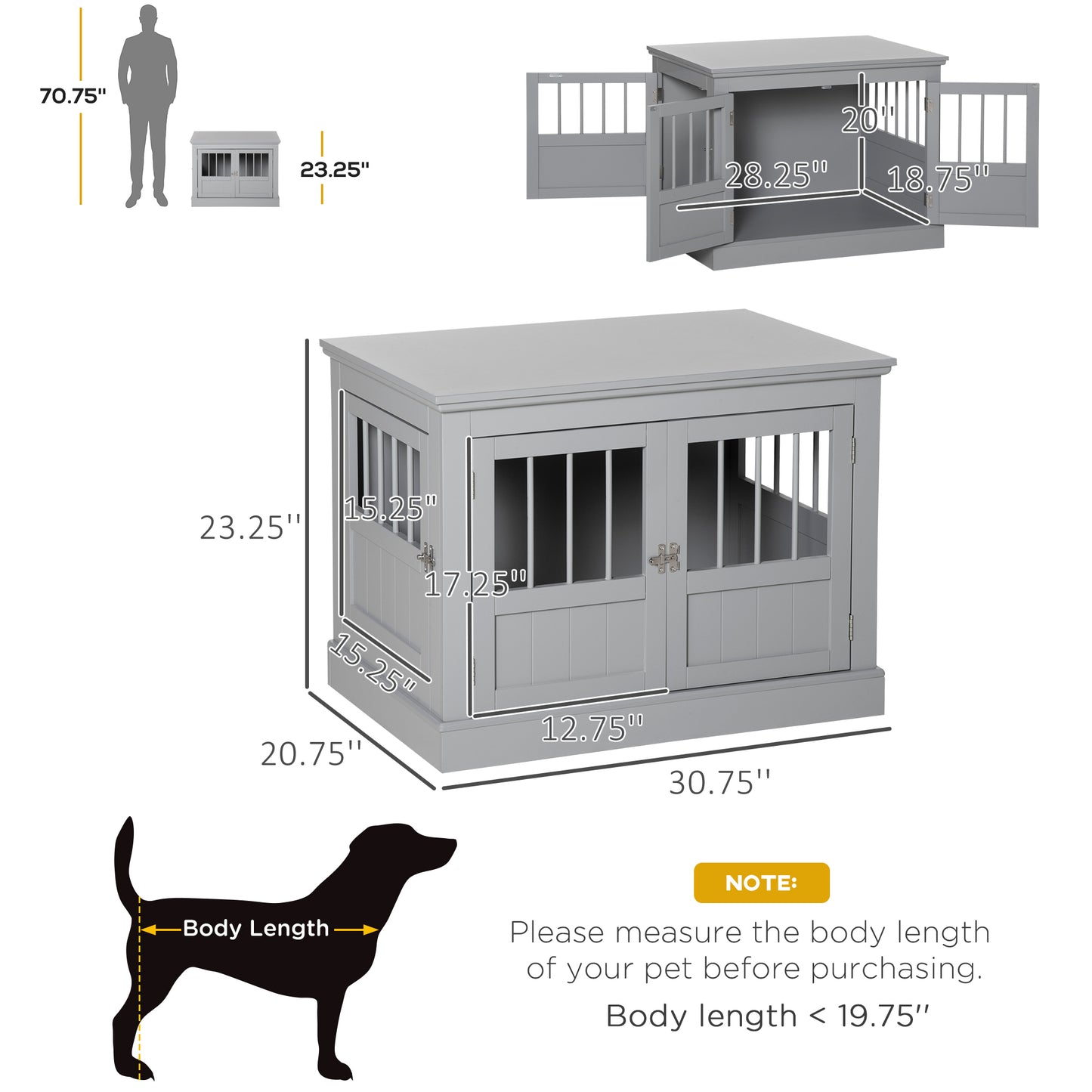 PawHut Wooden Dog Crate End Table, Dog Crate Furniture with Triple Doors, Puppy Crate for Small Dogs Indoor Use, Dark Gray