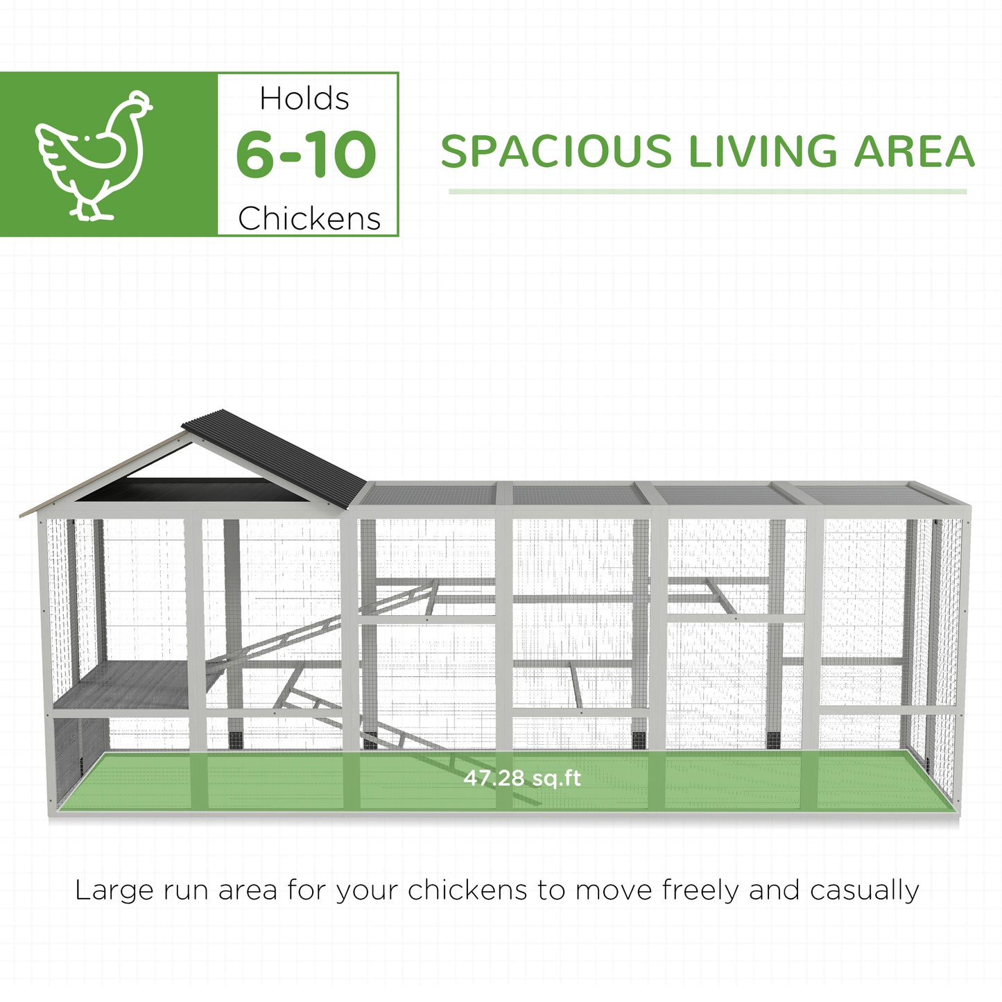 PawHut Wooden Chicken Coop Run for 6 - 10 Chickens, Hen House Add-On with Storage, Perches, 141.75" x 48" x 61", Gray