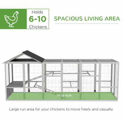 PawHut Wooden Chicken Coop Run for 6 - 10 Chickens, Hen House Add-On with Storage, Perches, 141.75" x 48" x 61", Gray