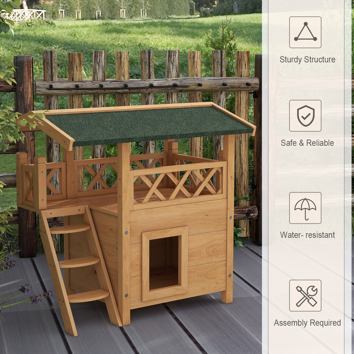 PawHut Outdoor Cat House, Wooden Kitten Condo, Natural