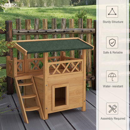 PawHut Outdoor Cat House, Wooden Kitten Condo, Natural