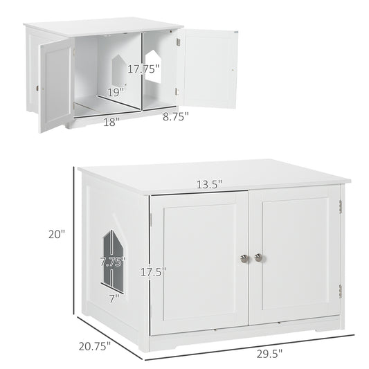 PawHut Modern Cat Litter Box Enclosure with Adjustable Partition for Customizable Space, Cat Washroom End Table for Indoor Cats with Hidden Storage Cabinet Space, White