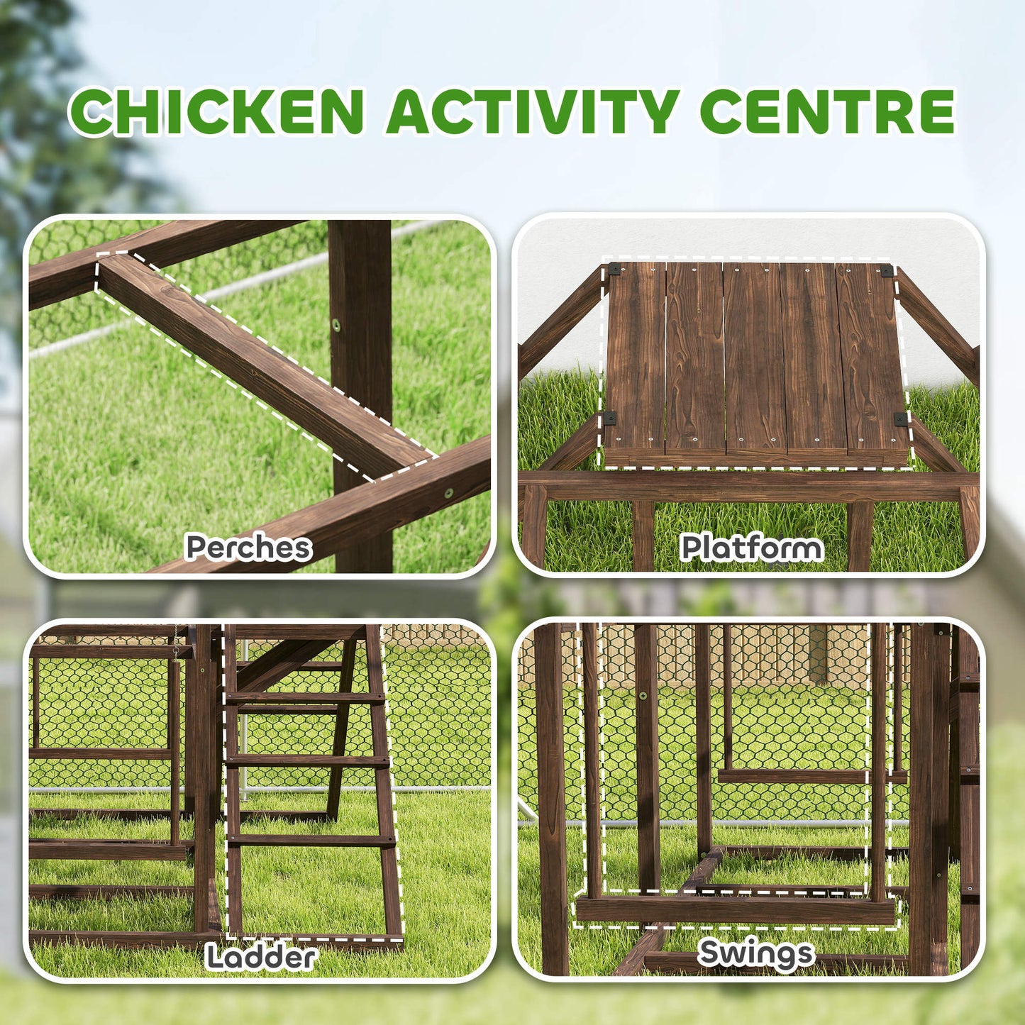 PawHut Chicken Activity Play Set with Multiple Chicken Perches, Swing, Ladder, Platform for 3-4 Chickens, Coffee