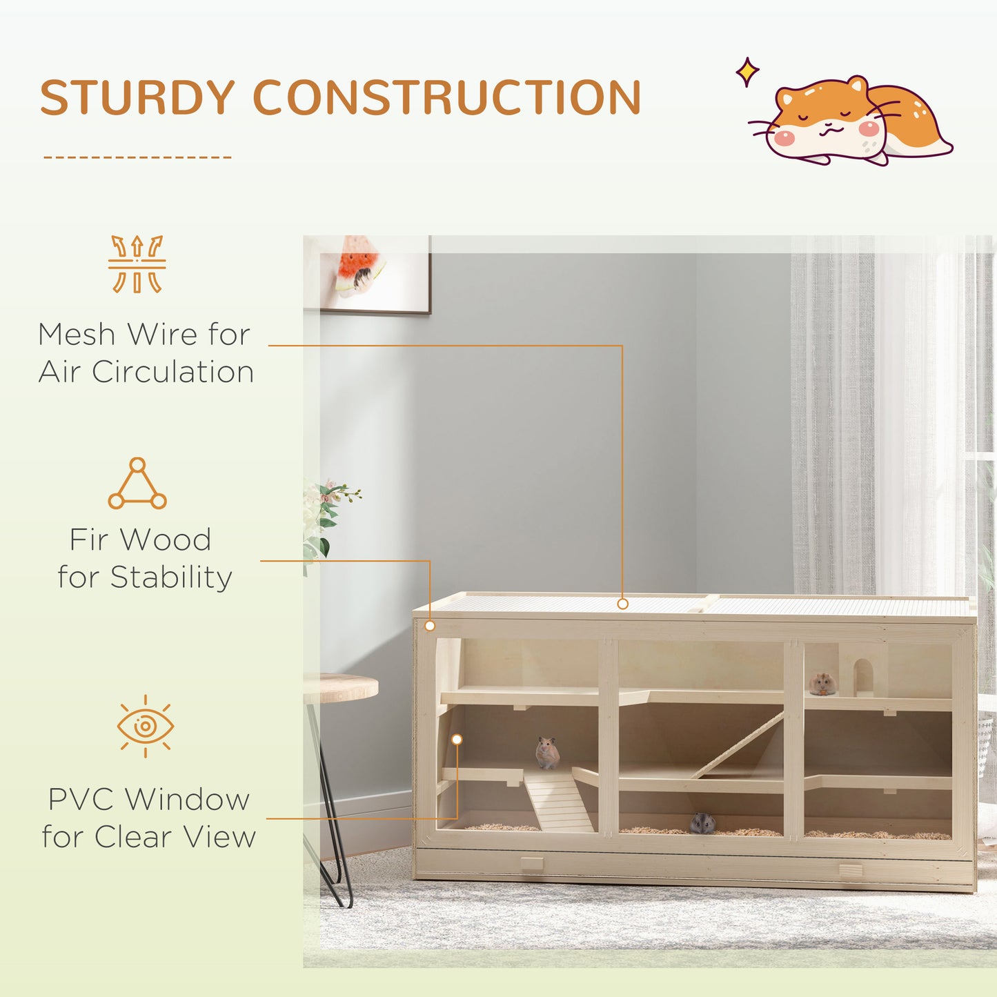PawHut 45" Extra Large Wooden Hamster Cage, 3-Layer Chewproof Rat Cage with Opening Roof, Hut, Ramps, for Gerbil, Dwarf & Syrian Hamsters, Natural