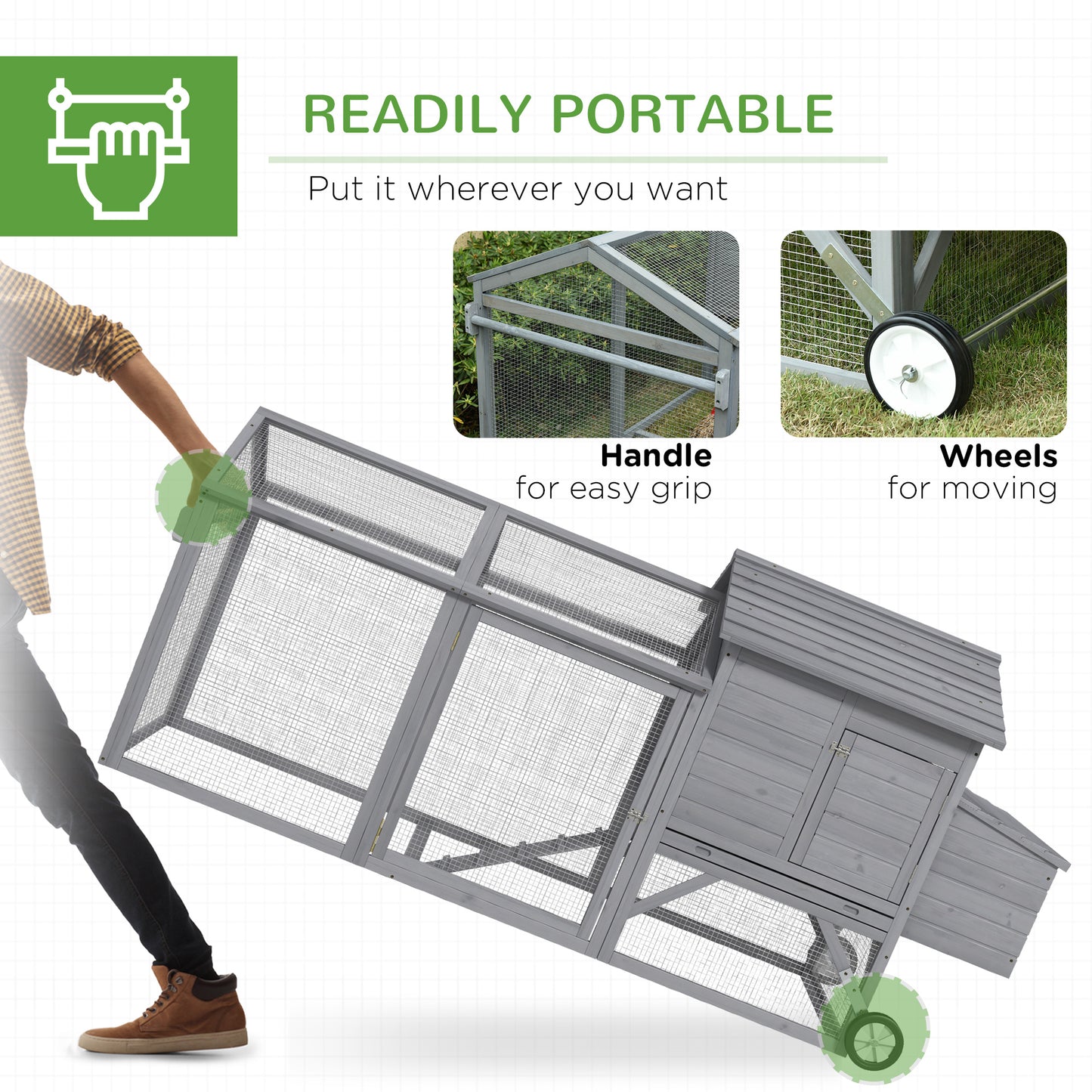PawHut 96.5" Chicken Coop Wooden Hen House Poultry Cage Pen Portable with Wheels and Nesting Box, Chicken Cage for Backyard Outdoor, Gray