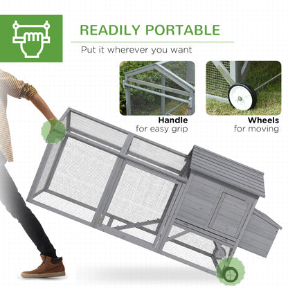 PawHut 96.5" Chicken Coop Wooden Hen House Poultry Cage Pen Portable with Wheels and Nesting Box, Chicken Cage for Backyard Outdoor, Gray