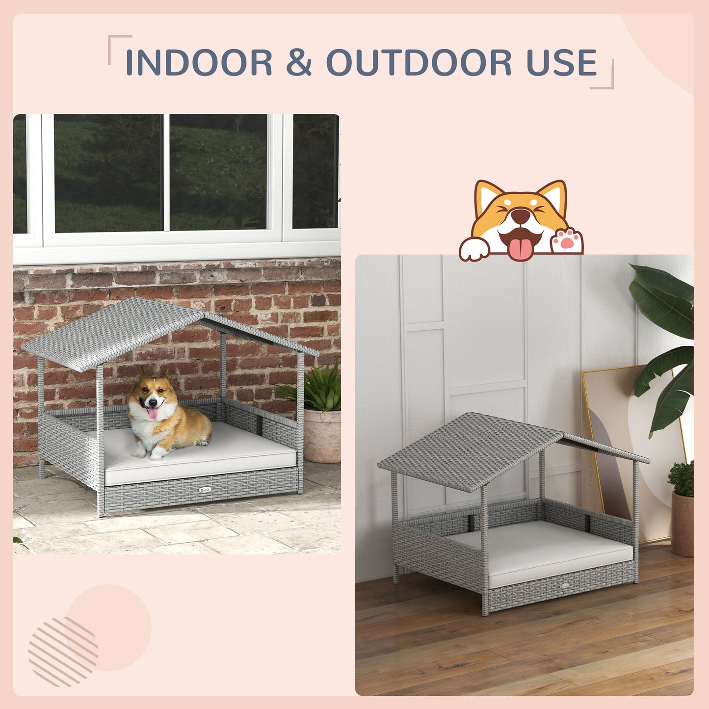 PawHut Wicker Dog House Outdoor with Canopy, Rattan Dog Bed with Water-resistant Cushion, Raised Dog Bed for Small, Medium Dogs up to 66 lbs, 19.75" in Length, Silver Wicker, White Cushion