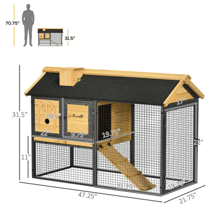 PawHut 47" Wooden Rabbit Hutch Outdoor with Run, Metal Frame, 2-Story Bunny Rabbit Cage with Removable Tray, Ramp, Bunny Hutch with Space-Saving Design for Rabbits, Chickens, Ducks