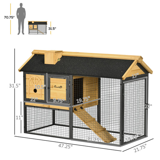PawHut 47" Wooden Rabbit Hutch Outdoor with Run, Metal Frame, 2-Story Bunny Rabbit Cage with Removable Tray, Ramp, Bunny Hutch with Space-Saving Design for Rabbits, Chickens, Ducks