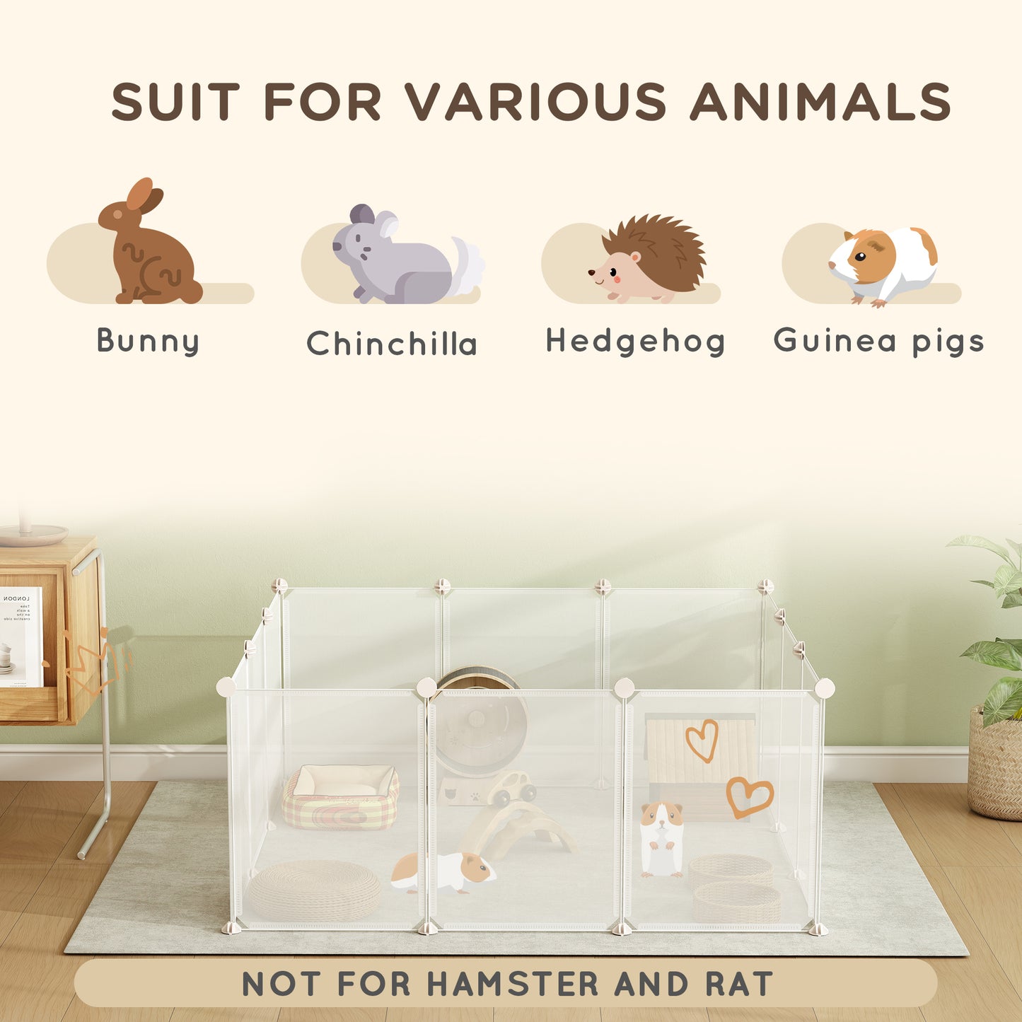 PawHut Pet Playpen DIY Small Animal Cage Open Enclosure Portable Plastic Fence 12 Panels for Bunny Chinchilla Guinea Pig White, 18" x 14"