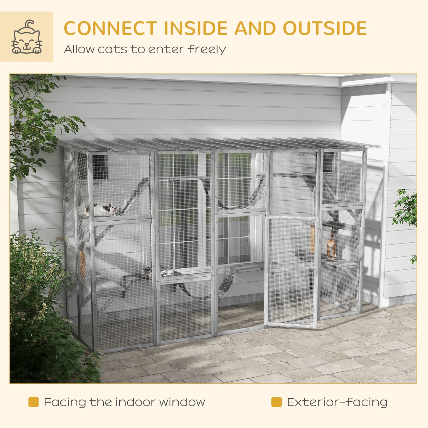 PawHut Catio Playground Cat Window Box Outside Enclosure for Multiple Cats w/ Shelves & Bridges, Gray