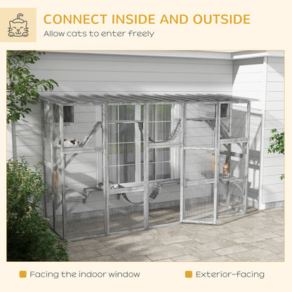 PawHut Catio Playground Cat Window Box Outside Enclosure for Multiple Cats w/ Shelves & Bridges, Gray