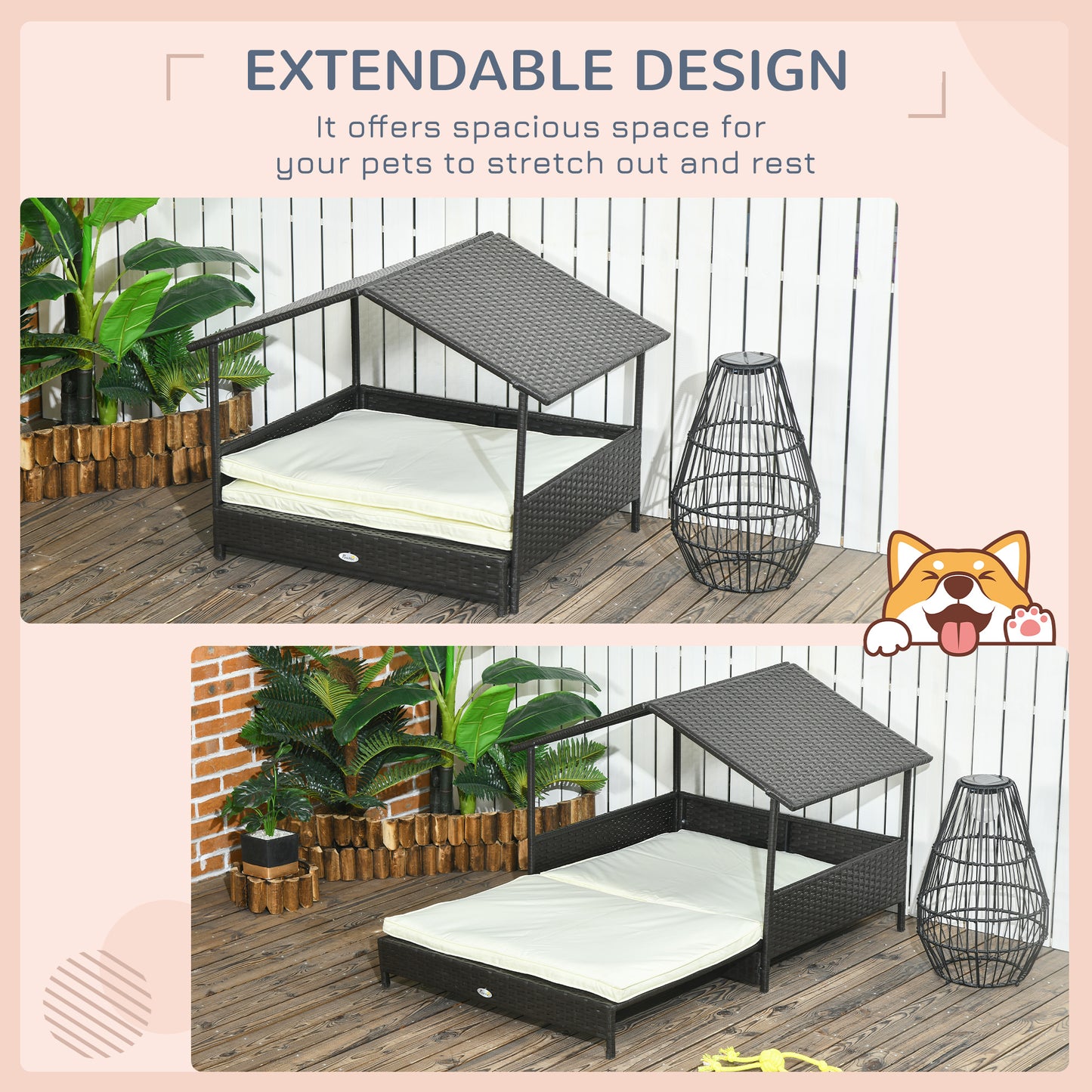 PawHut Outdoor Dog Bed Extendable Wicker Dog Bed w/ Waterproof Roof, Soft Cushion, for Small and Medium Dogs, Cream White
