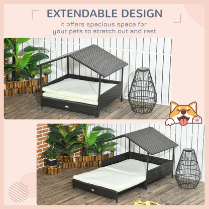 PawHut Outdoor Dog Bed Extendable Wicker Dog Bed w/ Waterproof Roof, Soft Cushion, for Small and Medium Dogs, Cream White