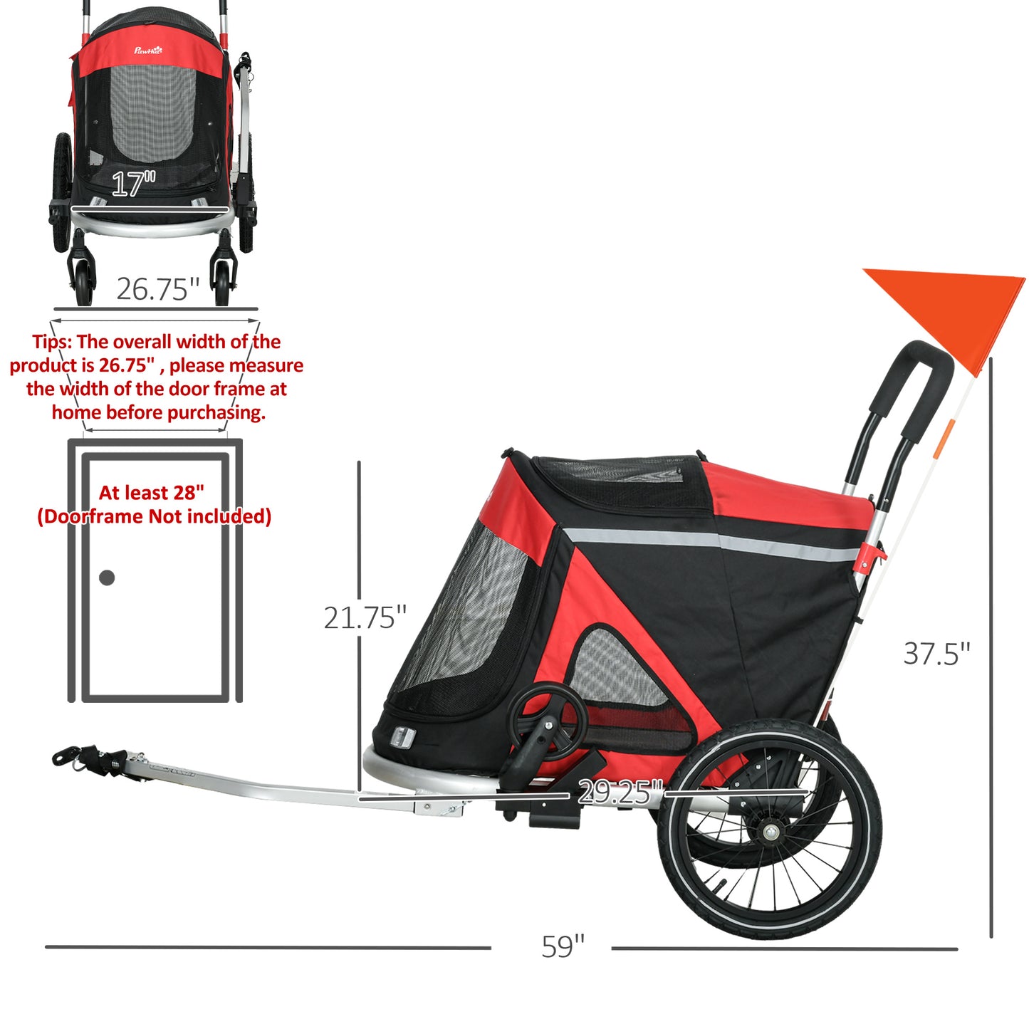 2 in 1 Bike Trailer with Aluminum Frame, Quick Release Wheels, Safety Leash, Anti-Slip Mat for Medium Dogs, Red