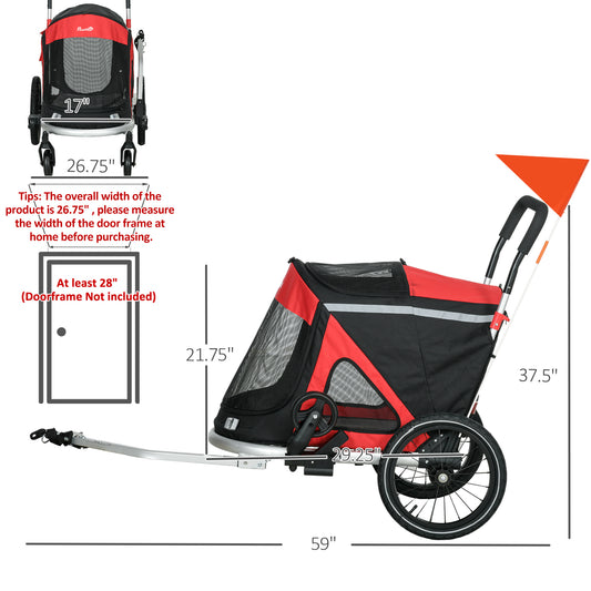 2 in 1 Bike Trailer with Aluminum Frame, Quick Release Wheels, Safety Leash, Anti-Slip Mat for Medium Dogs, Red