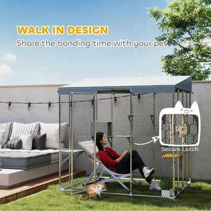 PawHut 79" Galvanized Steel Large Catio with Waterproof Canopy, Sleeping Box, Jumping Platforms, for 1-3 Kittens, Silver