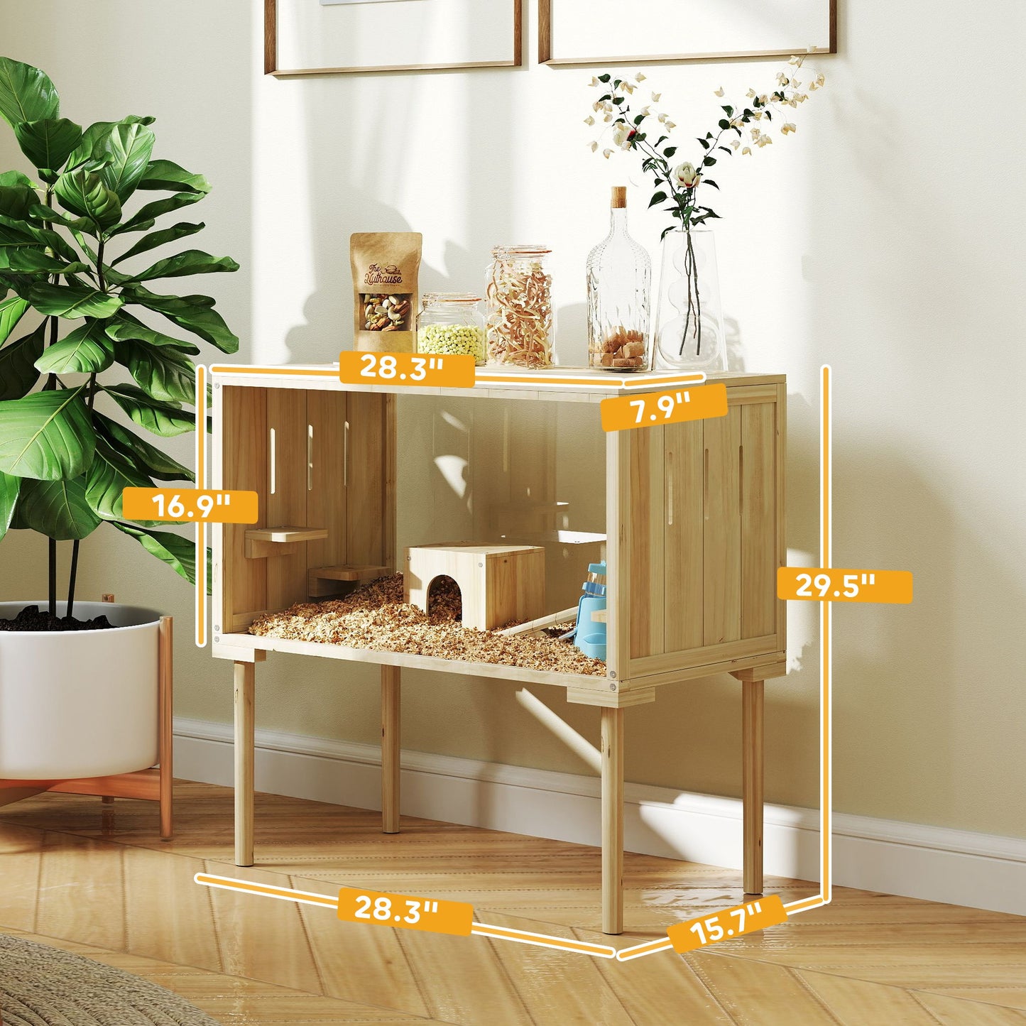 PawHut Wooden Hamster Cage with Legs, Gerbil Cage for Syrian, Dwarf, Mouse, 28" x 16" x 29.5", Nature Wood