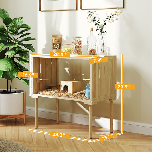 PawHut Wooden Hamster Cage with Legs, Gerbil Cage for Syrian, Dwarf, Mouse, 28" x 16" x 29.5", Nature Wood