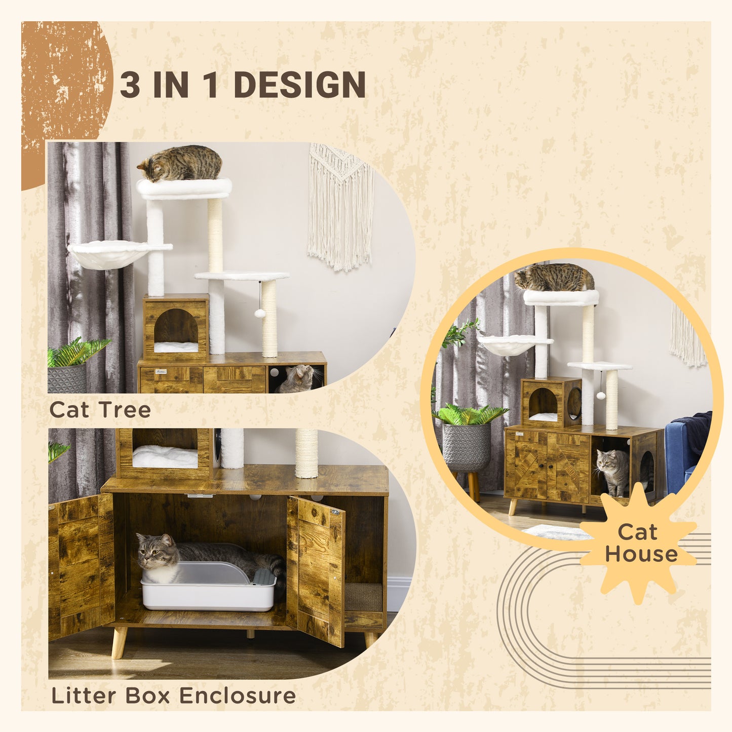 PawHut Cat Tree with Litter Box Enclosure,  2-in-1 Cat Tower Litter Box Furniture Indoor, Cat Condo with Hammock, Scratching Posts Pad, Rustic Brown
