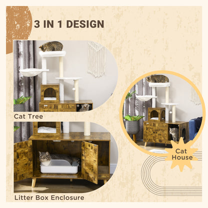 PawHut Cat Tree with Litter Box Enclosure,  2-in-1 Cat Tower Litter Box Furniture Indoor, Cat Condo with Hammock, Scratching Posts Pad, Rustic Brown