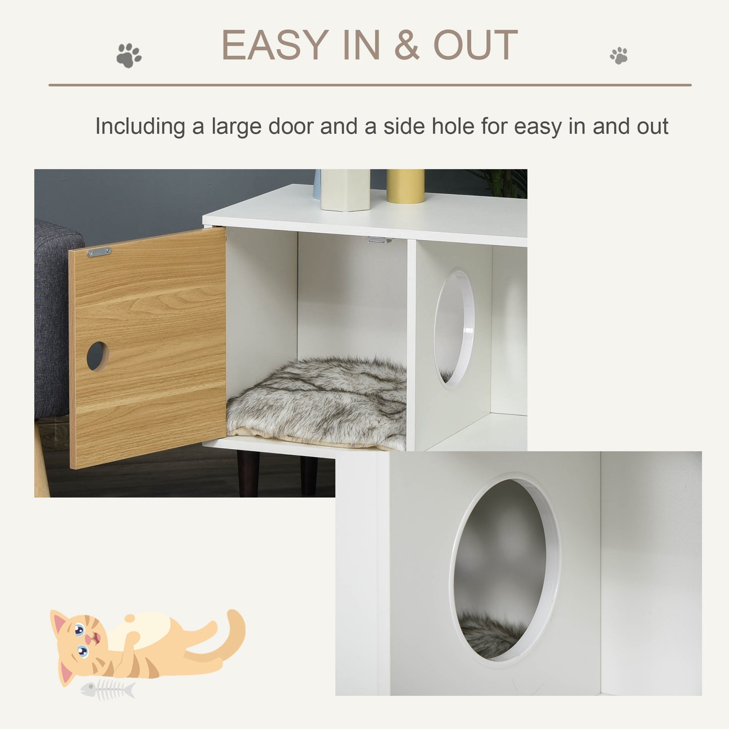 PawHut Wooden Cat House with Soft Cushion, Decorative Kitten Condo Side Table, Elevated Pet House with Storage Space
