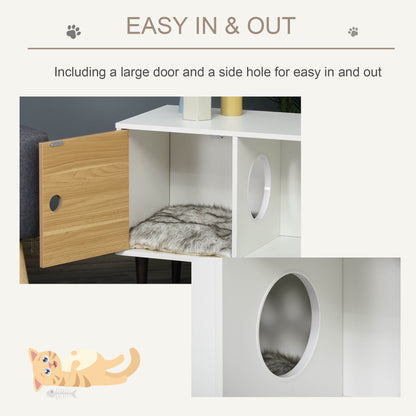 PawHut Wooden Cat House with Soft Cushion, Decorative Kitten Condo Side Table, Elevated Pet House with Storage Space