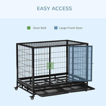 PawHut 43" Heavy Duty Dog Crate with Removable Tray, Lockable Wheels and Double Door, for Large and Extra Large Dogs, Black