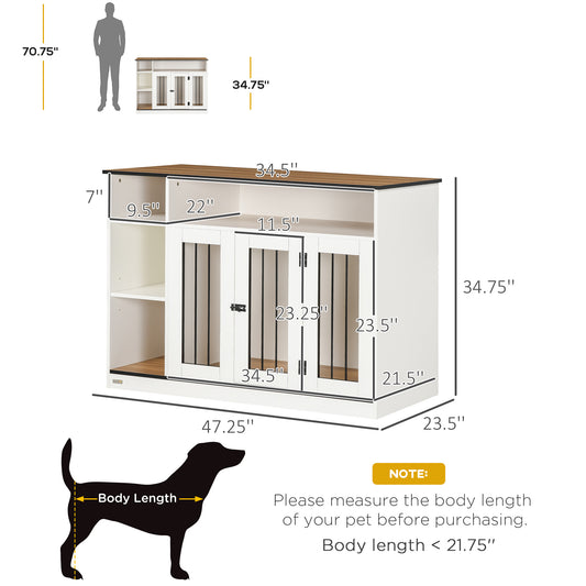 PawHut 47" Dog Crate Furniture with Storage, for Large Medium Dogs, White