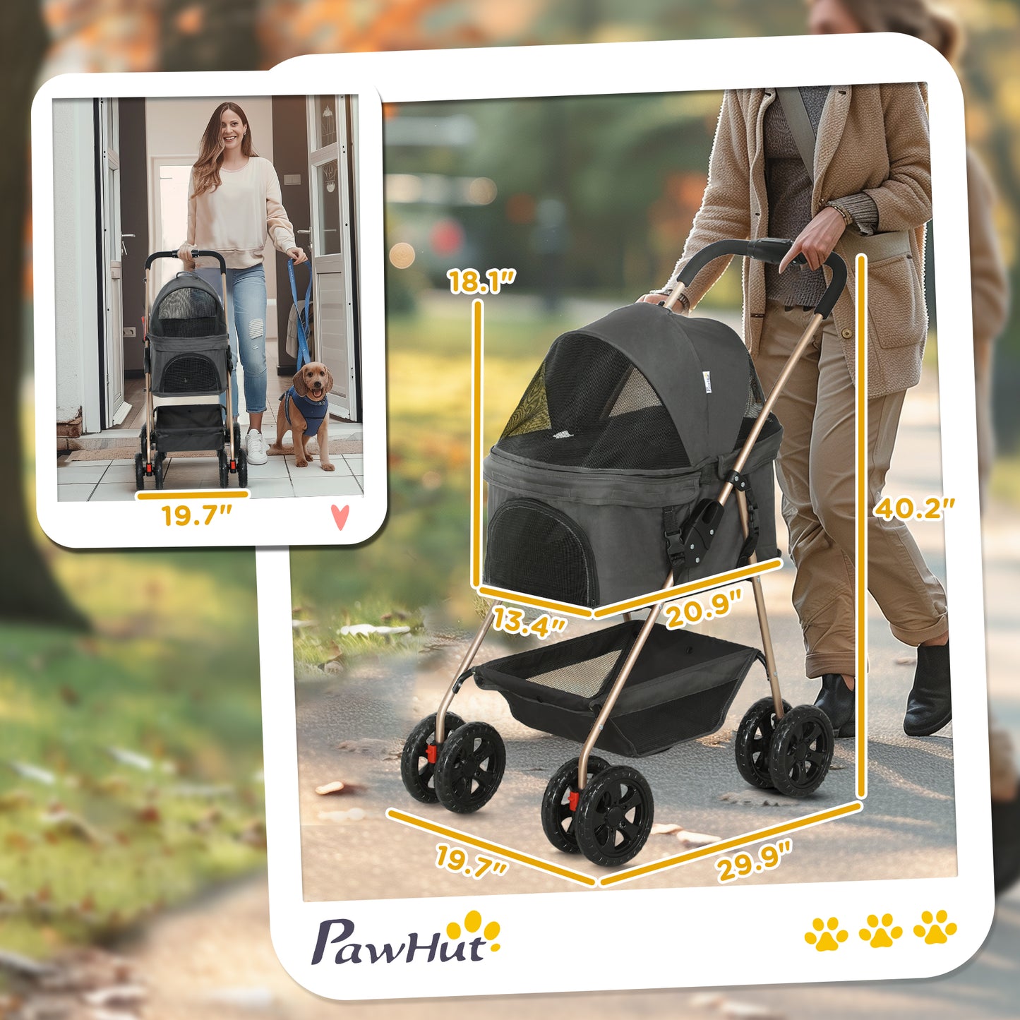PawHut 3 in 1 Pet Stroller with Detachable Carrier, Foldable Dog Stroller with Storage Basket, Cupholder, for Mini Dogs, Gray