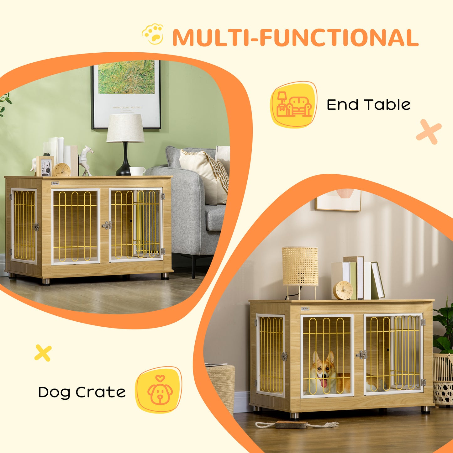 PawHut Dog Crate Side End Table Indoor with Soft Cushion, Double Doors, for Medium Large Dogs