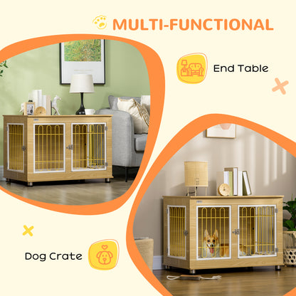 PawHut Dog Crate Side End Table Indoor with Soft Cushion, Double Doors, for Medium Large Dogs