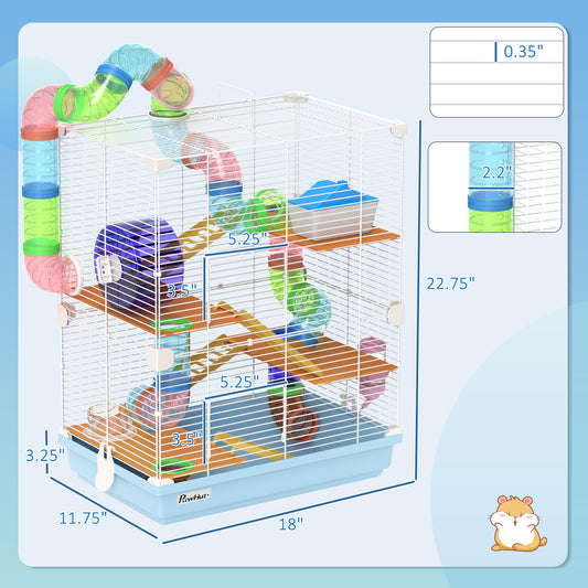PawHut 5 Tiers Hamster Cage Portable Animal Travel Carrier w/ Exercise Wheels Tube, Light Blue