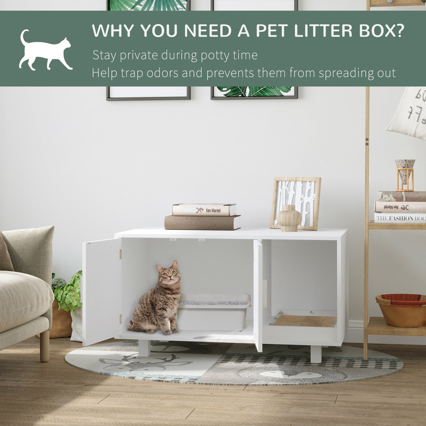 PawHut Wooden Cat Litter Box Enclosure & House, Kitty Hidden Washroom, with End Table Design, Scratcher, & Magnetic Doors, White
