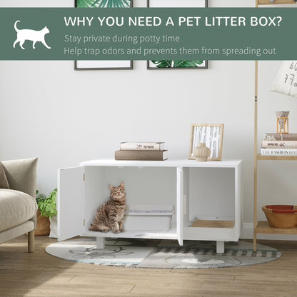 PawHut Wooden Cat Litter Box Enclosure & House, Kitty Hidden Washroom, with End Table Design, Scratcher, & Magnetic Doors, White