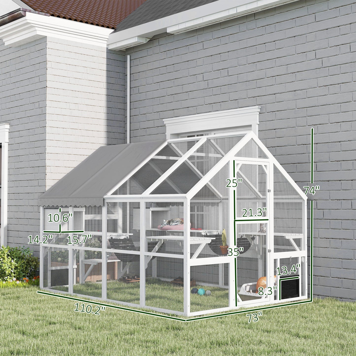 PawHut Wooden Catio Outdoor Cat Enclosure with Waterproof Cover, 2 Condos, 6 Platforms, Bridge, Doors, White