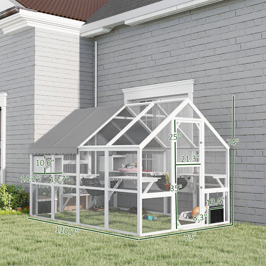 PawHut Wooden Catio Outdoor Cat Enclosure with Waterproof Cover, 2 Condos, 6 Platforms, Bridge, Doors, White