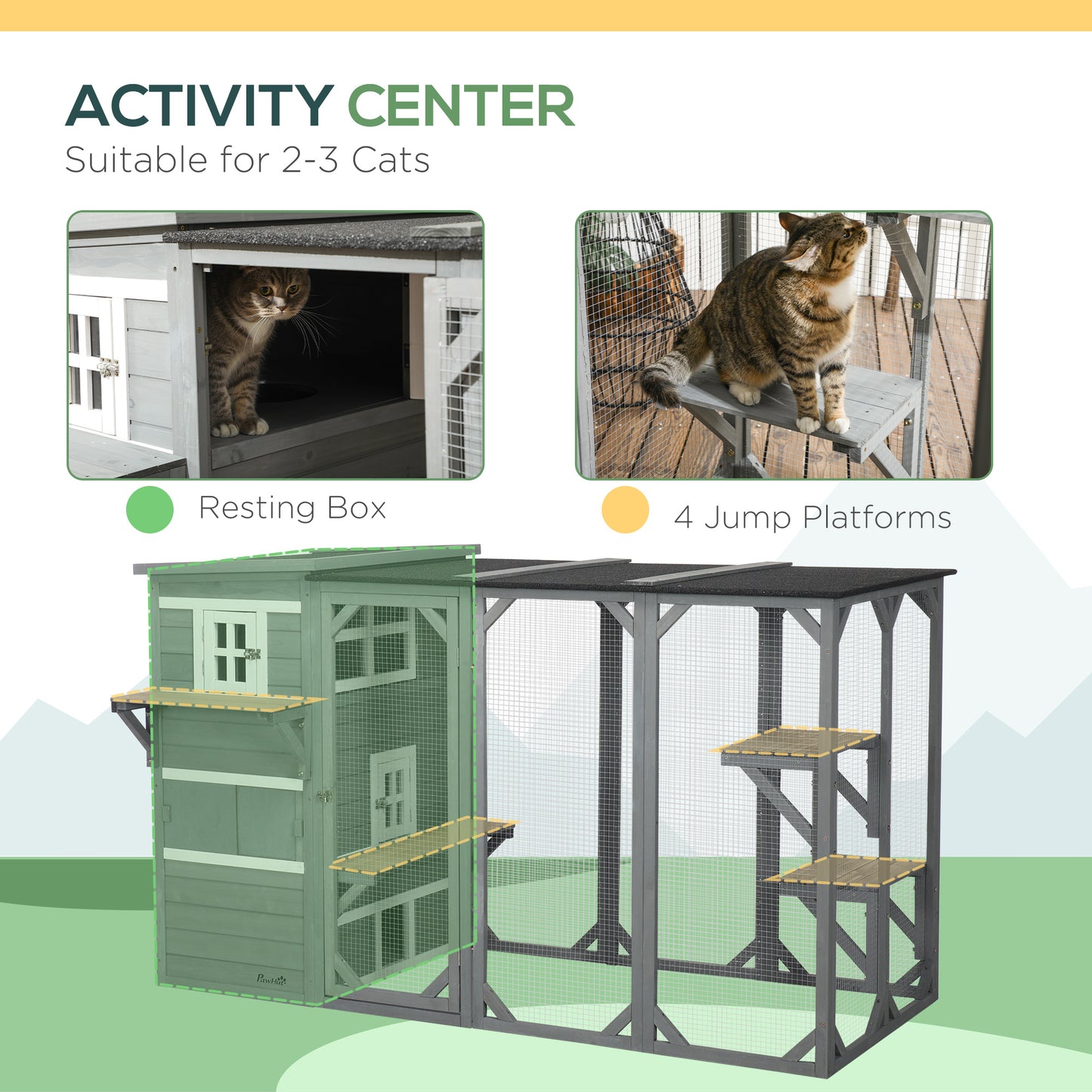 PawHut Catio Outdoor Cat Enclosure, Large Wood Kitten Cat House Enclosure with 3-Level Design, Weatherproof Roof, Big Hiding Areas, Multiple Platforms, Resting Box, 45"H, Gray