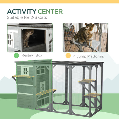 PawHut Catio Outdoor Cat Enclosure, Large Wood Kitten Cat House Enclosure with 3-Level Design, Weatherproof Roof, Big Hiding Areas, Multiple Platforms, Resting Box, 45"H, Gray
