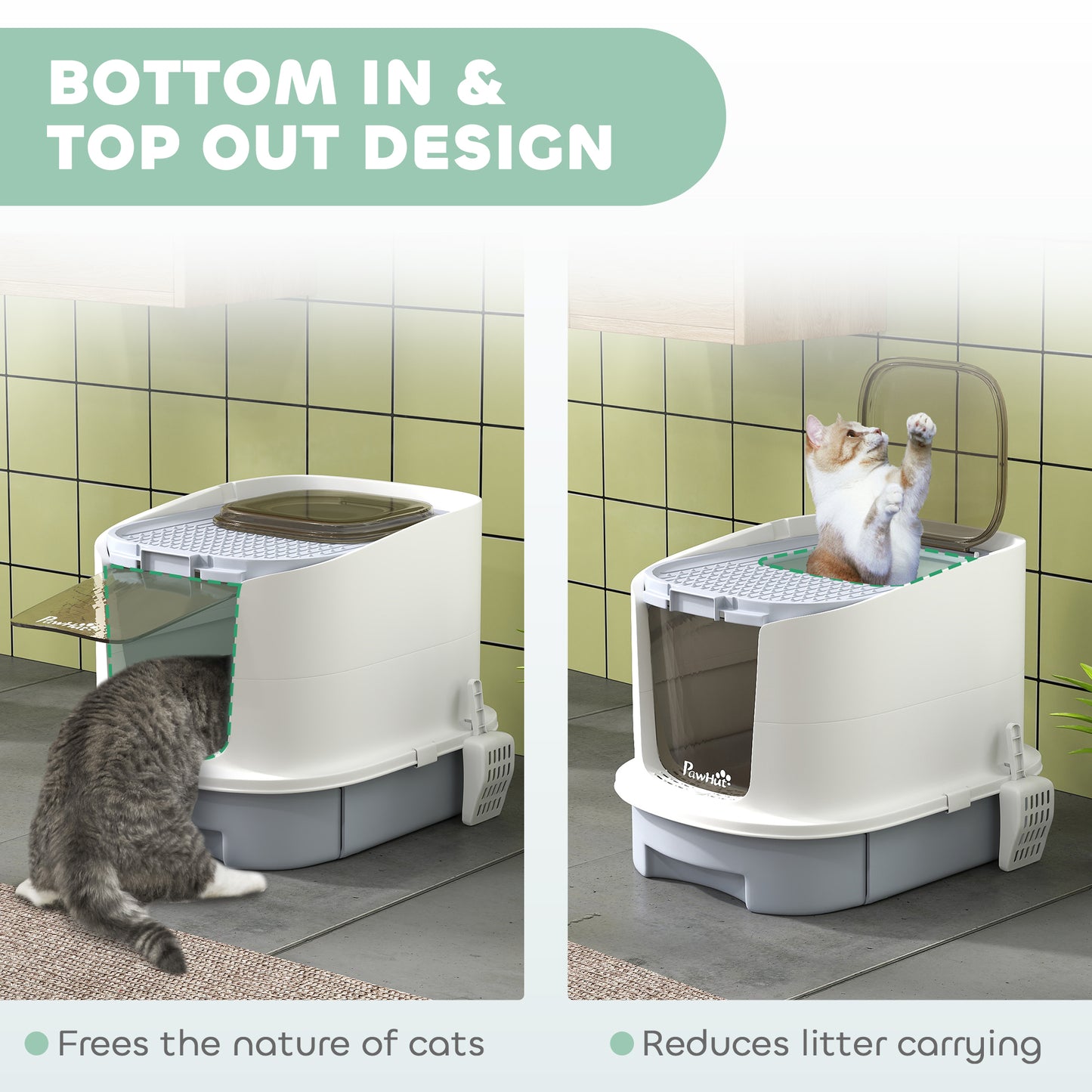 PawHut Covered Cat Litter Box with Lid, Drawer, Scoop, Top Entry, Deodorizing Bags, Odor Control, Easy to Clean, Gray