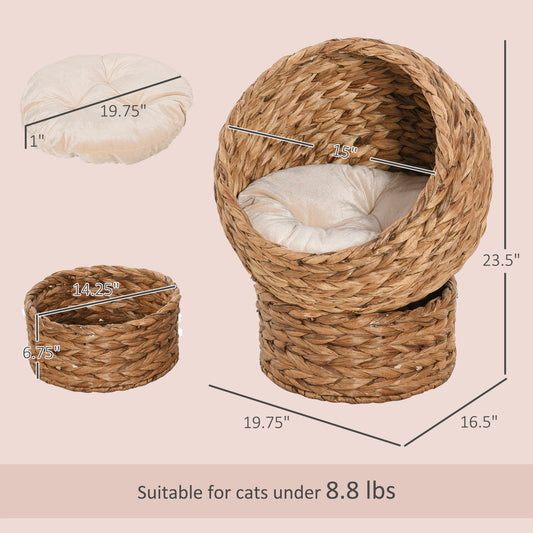 PawHut Handwoven Elevated Cat Bed with Soft Cushion & Cat Egg Chair Shape, Cat Basket Bed Kitty House with Stand, Raised Wicker Cat Bed for Indoor Cats, 23.5" H, Brown