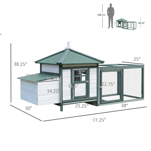 PawHut 77" Wooden Chicken Coop Hen House Poultry Cage with Weatherproof Roof, Nesting Box, Enclosed Run and Removable Tray for Outdoor Backyard, Green