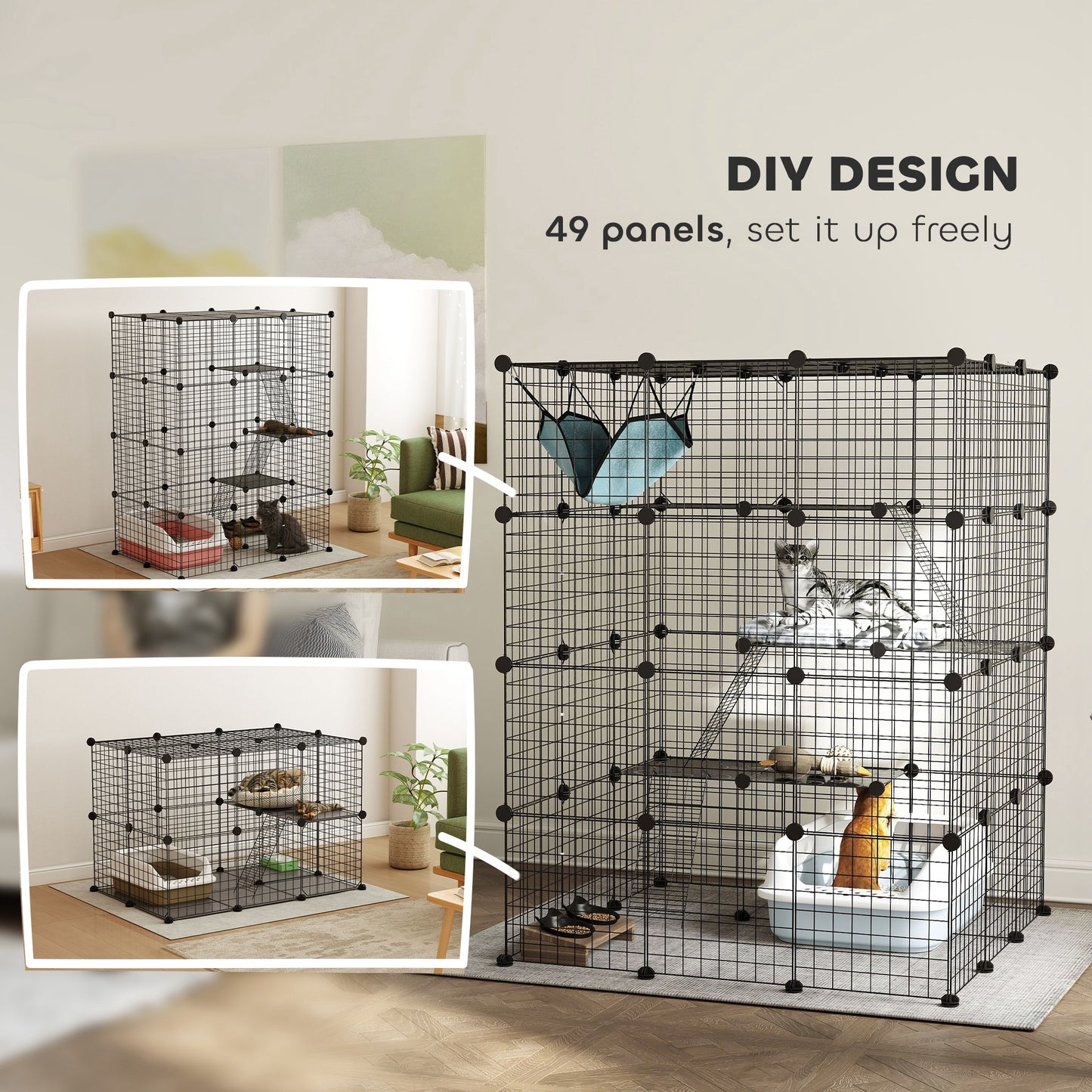 PawHut DIY 4 Tier Cat Cage Indoor with Hammock, Ramps, Jumping Platforms, Doors, Cat Enclosure for 1-3 Cats, 3 x 3 x 4, Black