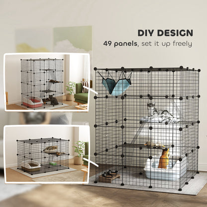 PawHut DIY 4 Tier Cat Cage Indoor with Hammock, Ramps, Jumping Platforms, Doors, Cat Enclosure for 1-3 Cats, 3 x 3 x 4, Black